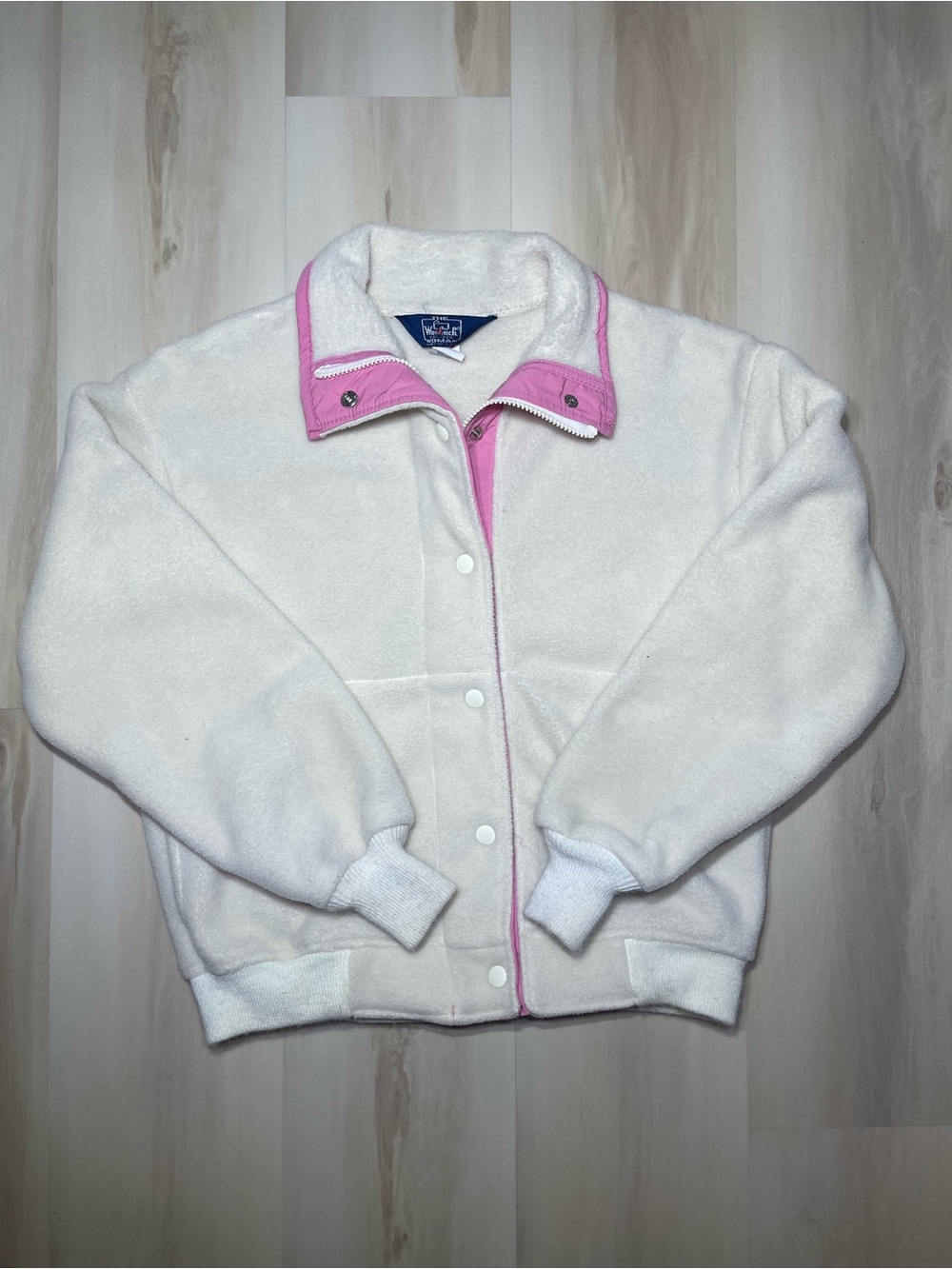 Woolrich Women Fleece Jacket Sz Small Full Zip Cream Pink Pipping Vintage